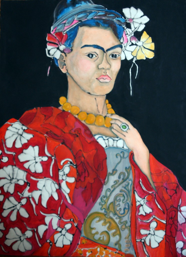 Frida Kahlo portrait by Bren Price; Frida Kahlo with blue-black hair up-do wrapped braid adorned with frangapani flowers in yellow and hot pink. She wears a necklace of large one inch Amber Beads which she holds at the front with her left hand. She wears a grey frock with white ruffle at the breast and a batik wrap of red with white and red frangapani flowers. The background is grey-black graded from left to right.